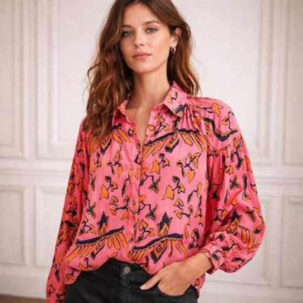 Ba&sh Cantasy Floral Blouse Small Pink Boho Button Front Parisian Chic EUC